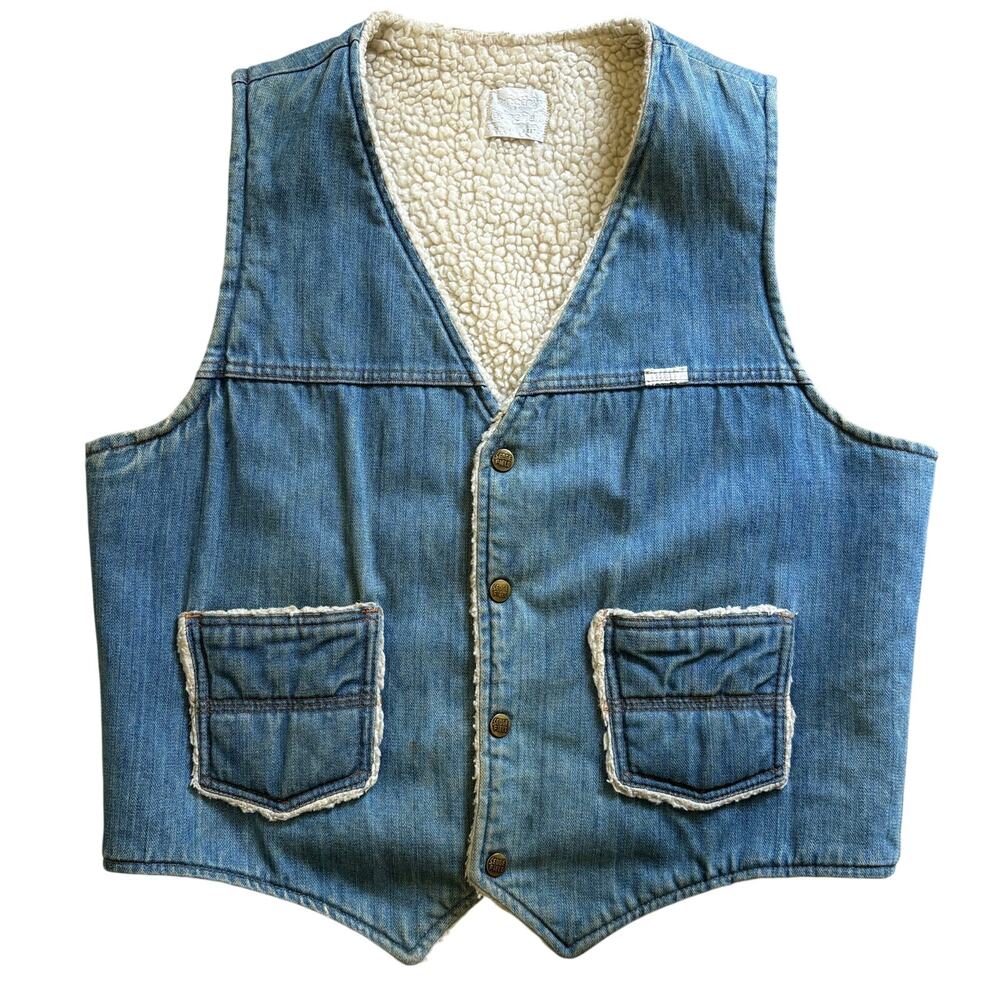 Sedgefield Denim Sherpa Lined Vest Blue Snap Button Vintage 70's Western Large